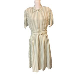 Vintage Penbrooke Lane Dress Womens 10 Green White Striped Button Up Belted Midi